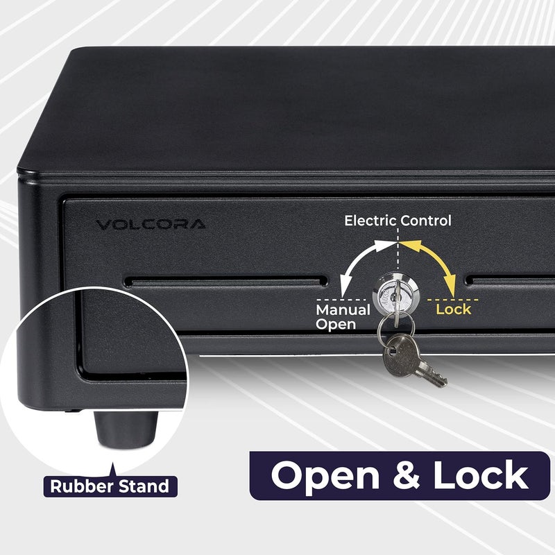 Volcora Cash Register Drawer for (POS) Point of Sale System with Round Corner 13", Removable Coin Tray, 4 Bill/5 Coin, 12-24V, RJ11/RJ12 Key-Lock, Media Slot,Cash Till for Businesses, Black - Image 5